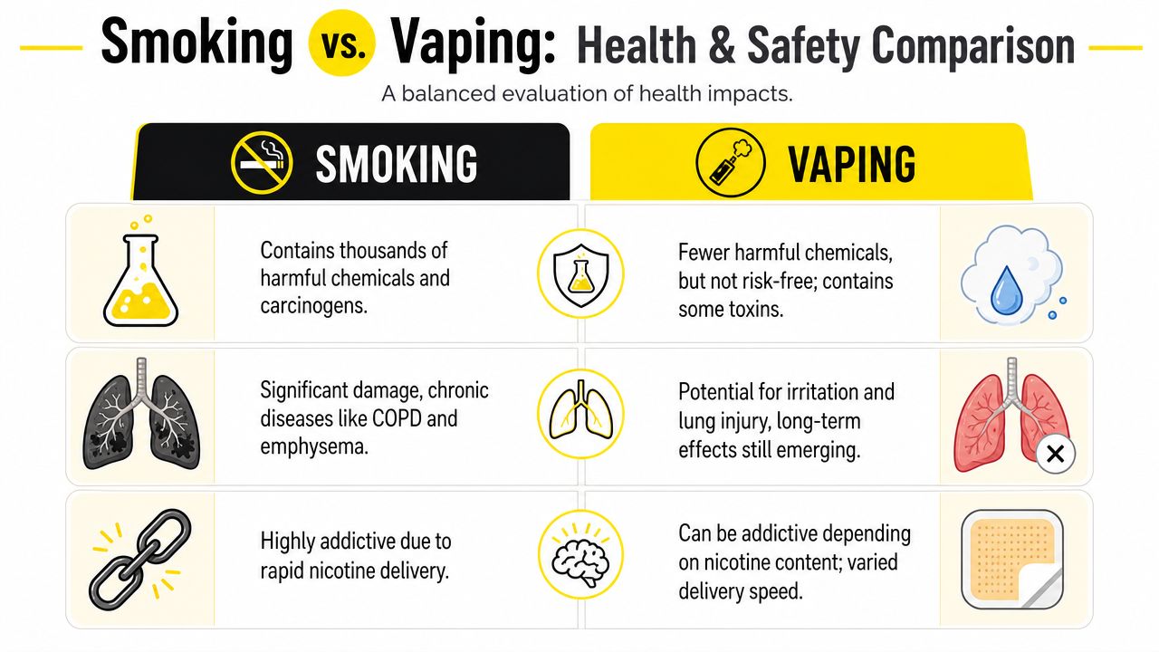 A comparison chart outlining the potential health and safety differences between traditional smoking and electronic vaping.