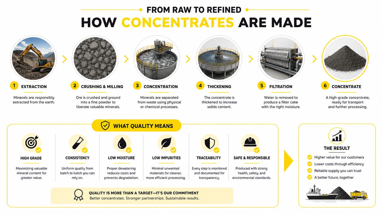 A diagram illustrating the six-step industrial process of producing high-grade mineral concentrates from raw material extraction.