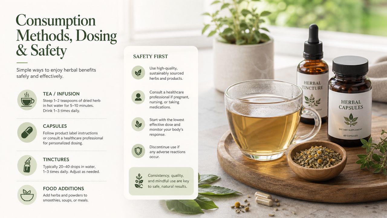An infographic showing herbal consumption methods, dosing instructions, and essential safety guidelines for dietary herbal supplements.