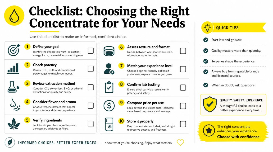 A helpful checklist for consumers to follow when choosing the best cannabis concentrates for their personal needs.