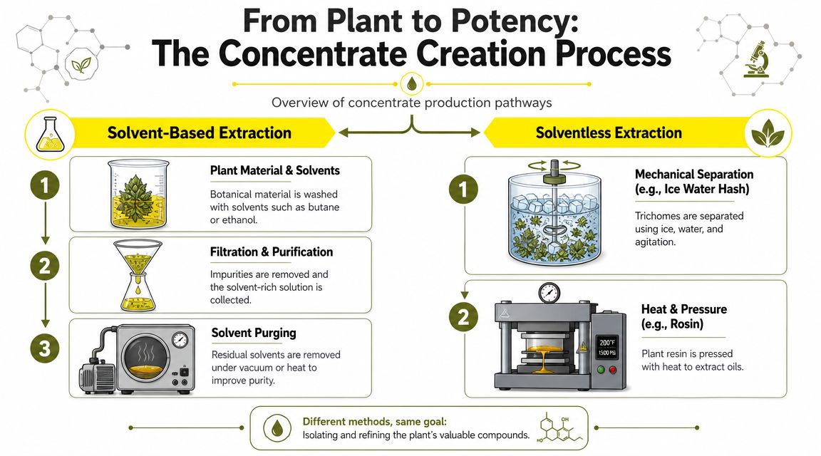 An infographic showing the two main processes for creating cannabis concentrates: solvent-based extraction and solventless extraction methods.