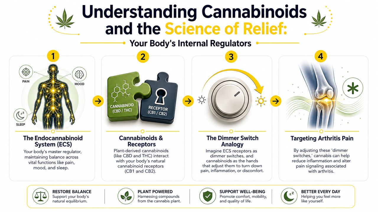 An infographic explaining how the endocannabinoid system and cannabis compounds work to help manage arthritis pain.