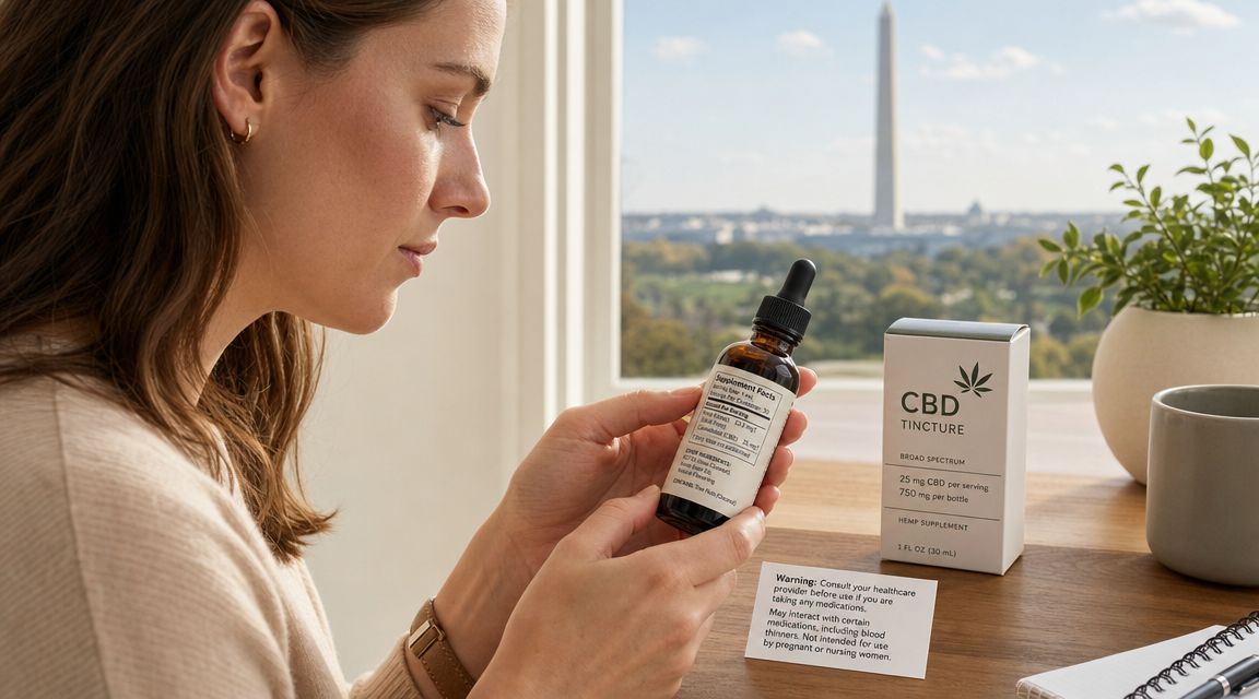 A woman carefully reading the label on a CBD oil bottle at a desk by a window.