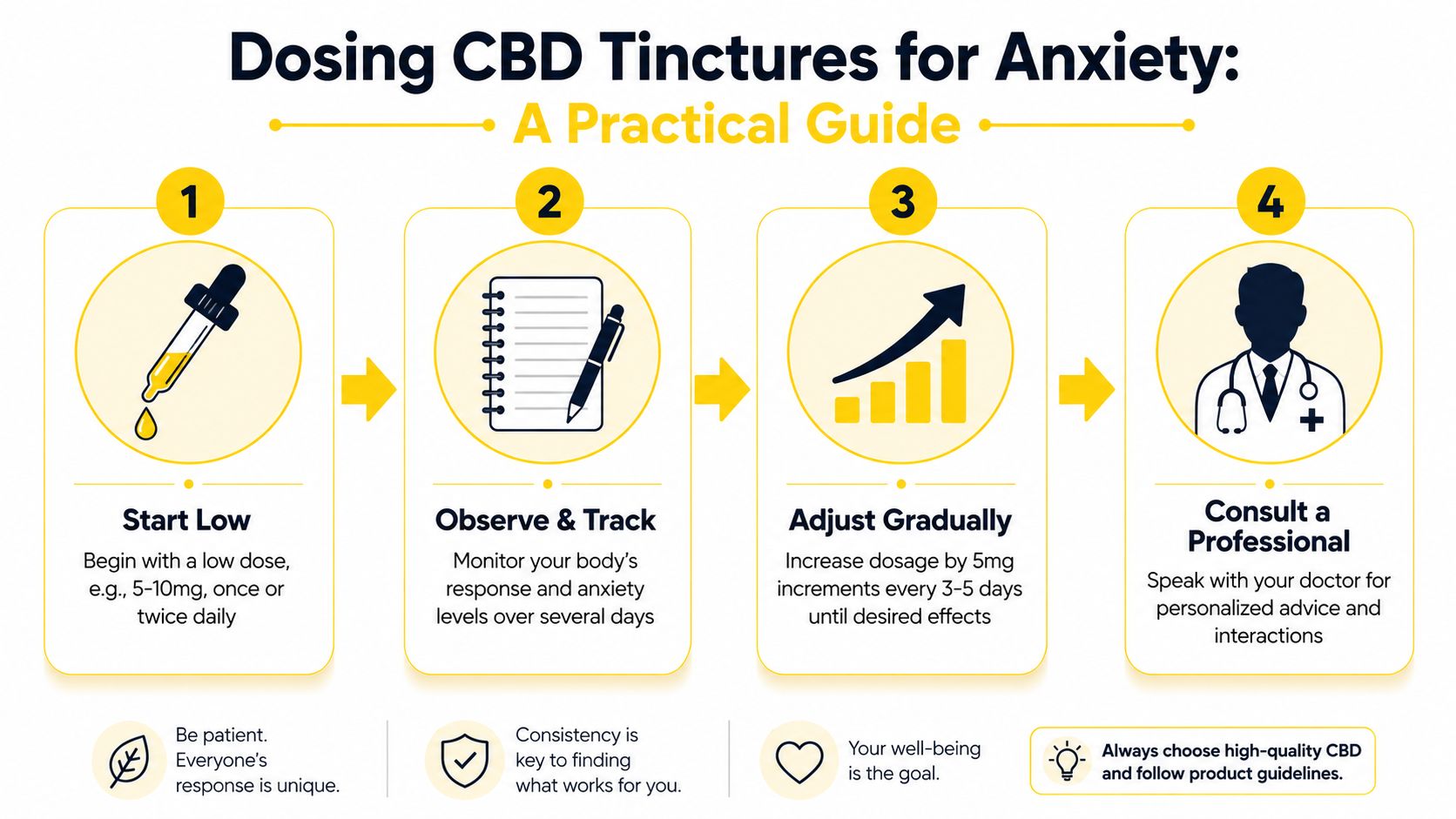 A four-step infographic guide on how to safely dose CBD tinctures to help manage anxiety symptoms.