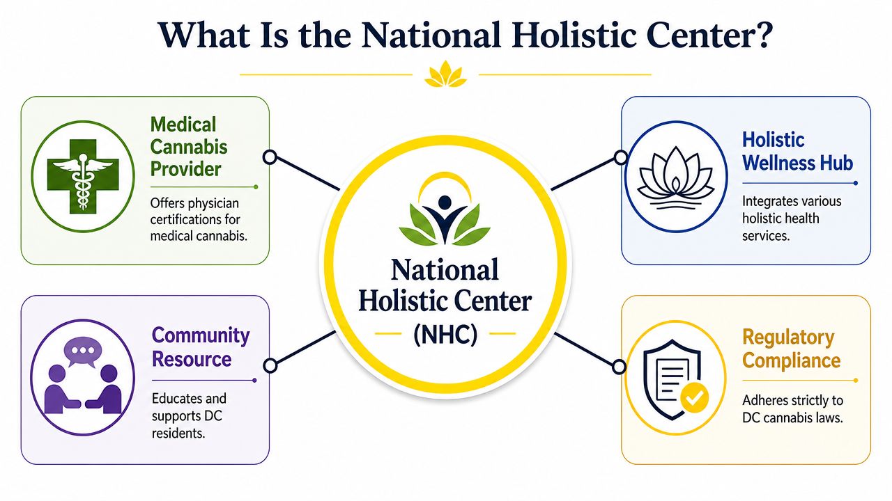 A diagram explaining the services of the National Holistic Center including medical cannabis, wellness, and community support.