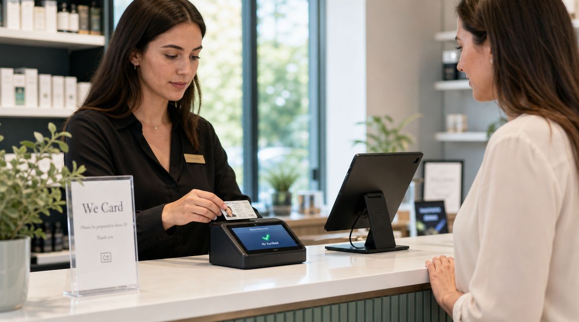 A store clerk verifying a customer's ID card at a point of sale terminal at a service counter.