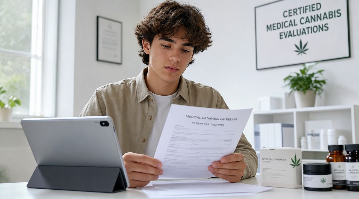 A young man sitting at a desk reading a medical cannabis patient certification form with a tablet.