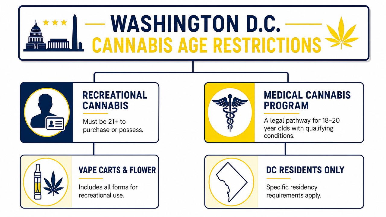 An infographic detailing age requirements for recreational and medical cannabis possession in Washington D.C.