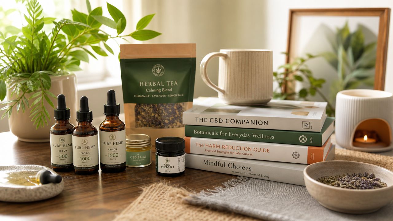 A collection of CBD oils, herbal tea, and wellness books arranged on a wooden table for relaxation.
