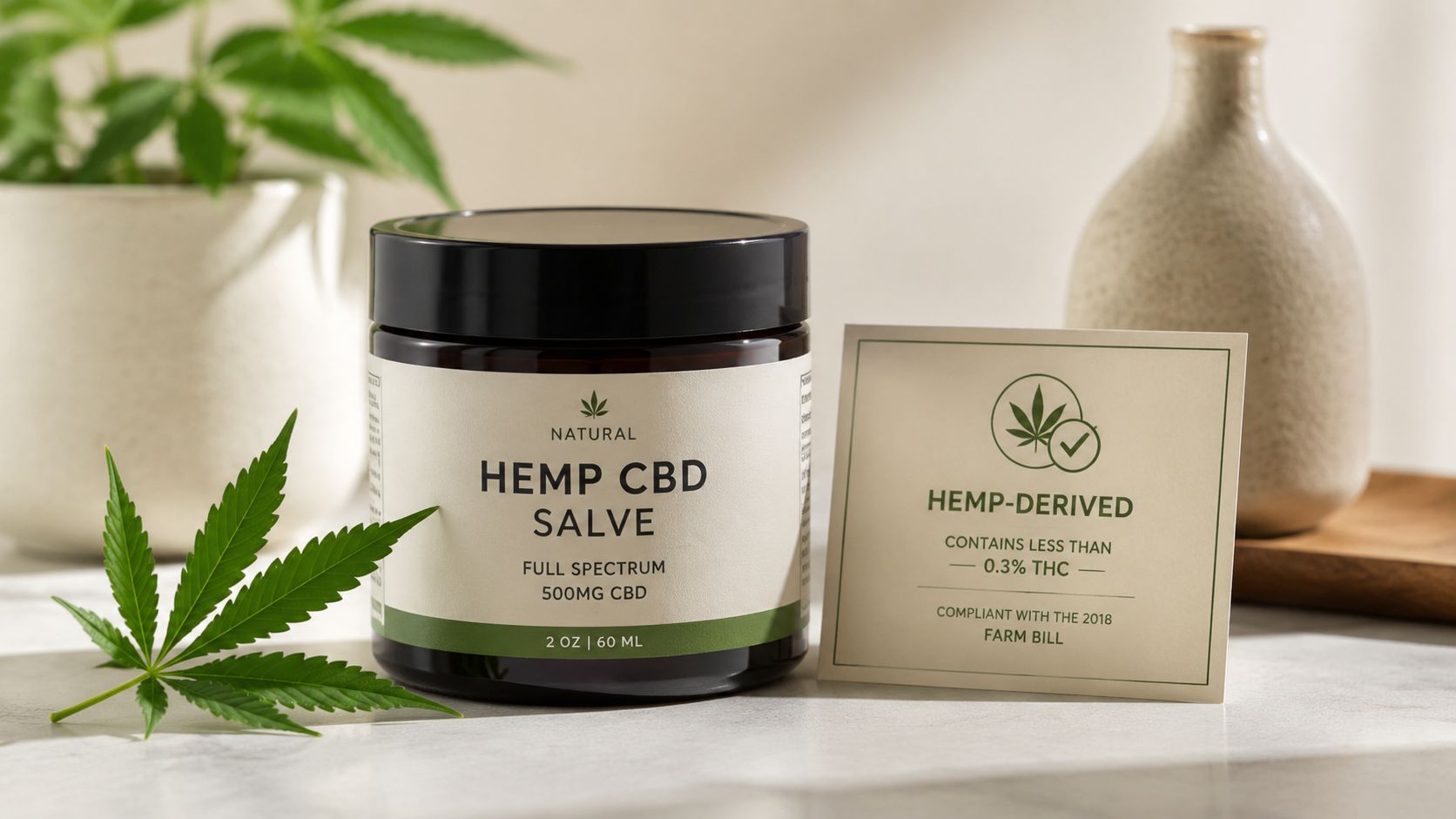 A jar of hemp CBD salve placed next to a hemp leaf and a product information card.