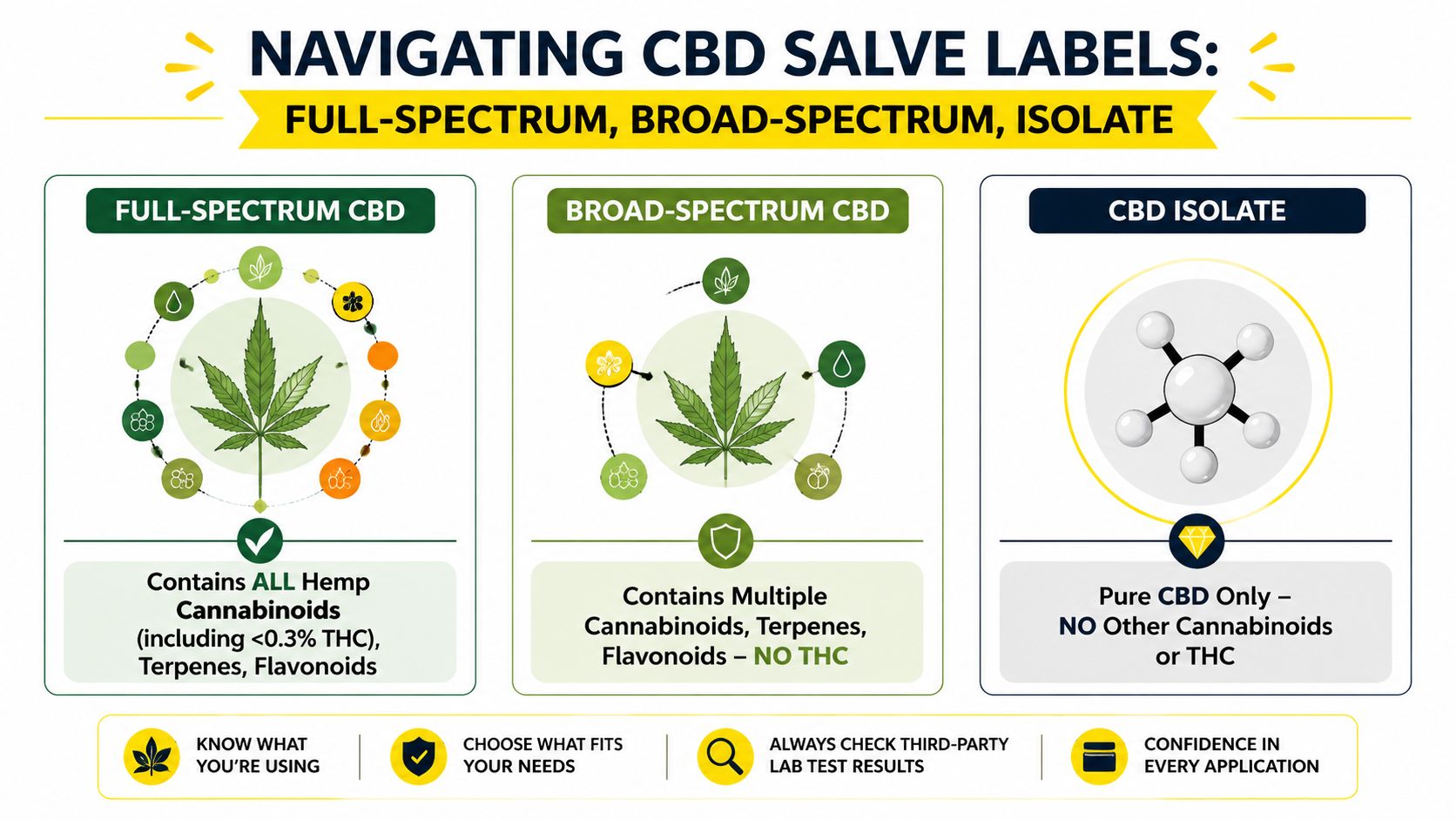 An infographic explaining the differences between full-spectrum CBD, broad-spectrum CBD, and pure CBD isolate products.
