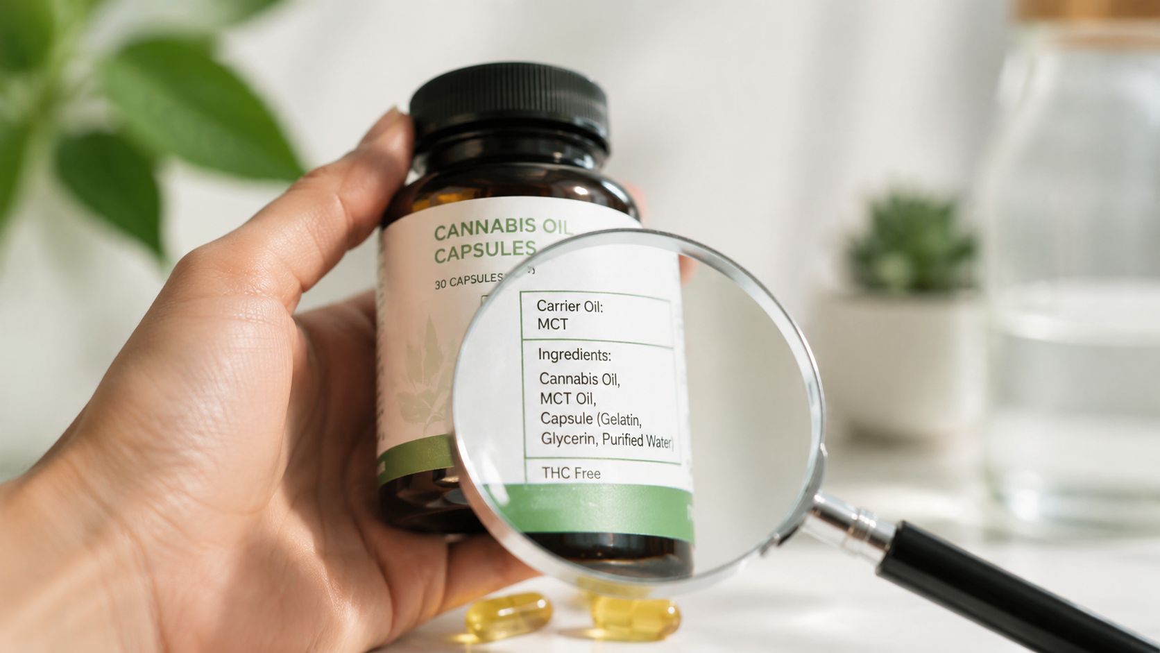 A hand holds a bottle of cannabis oil capsules magnified by a magnifying glass on a table.