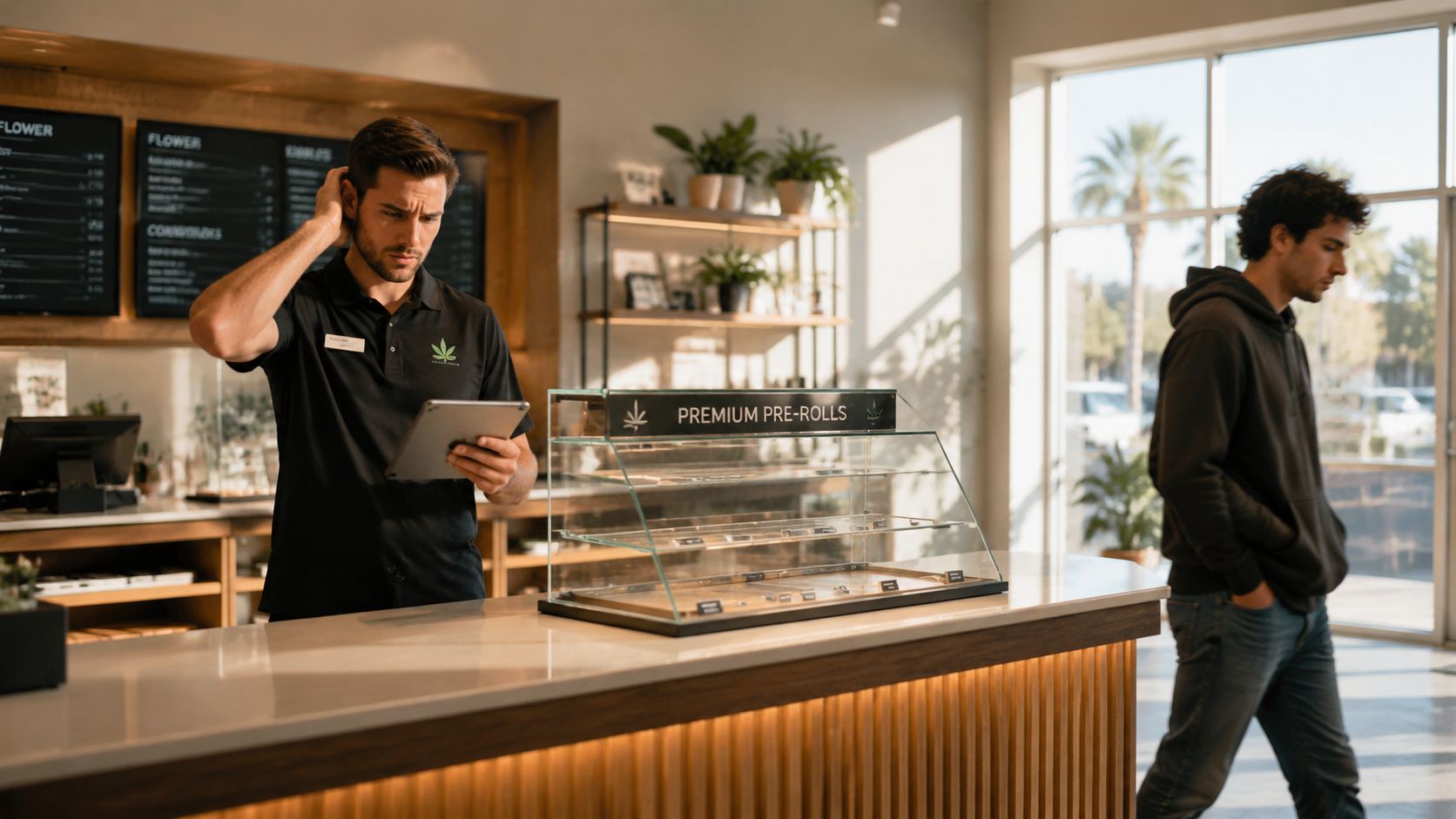 A store employee in a black polo using a tablet behind a counter filled with cannabis pre-rolls.