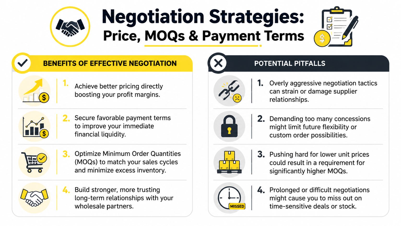 A graphic highlighting key negotiation strategies for wholesale pricing, minimum order quantities, and beneficial payment terms.