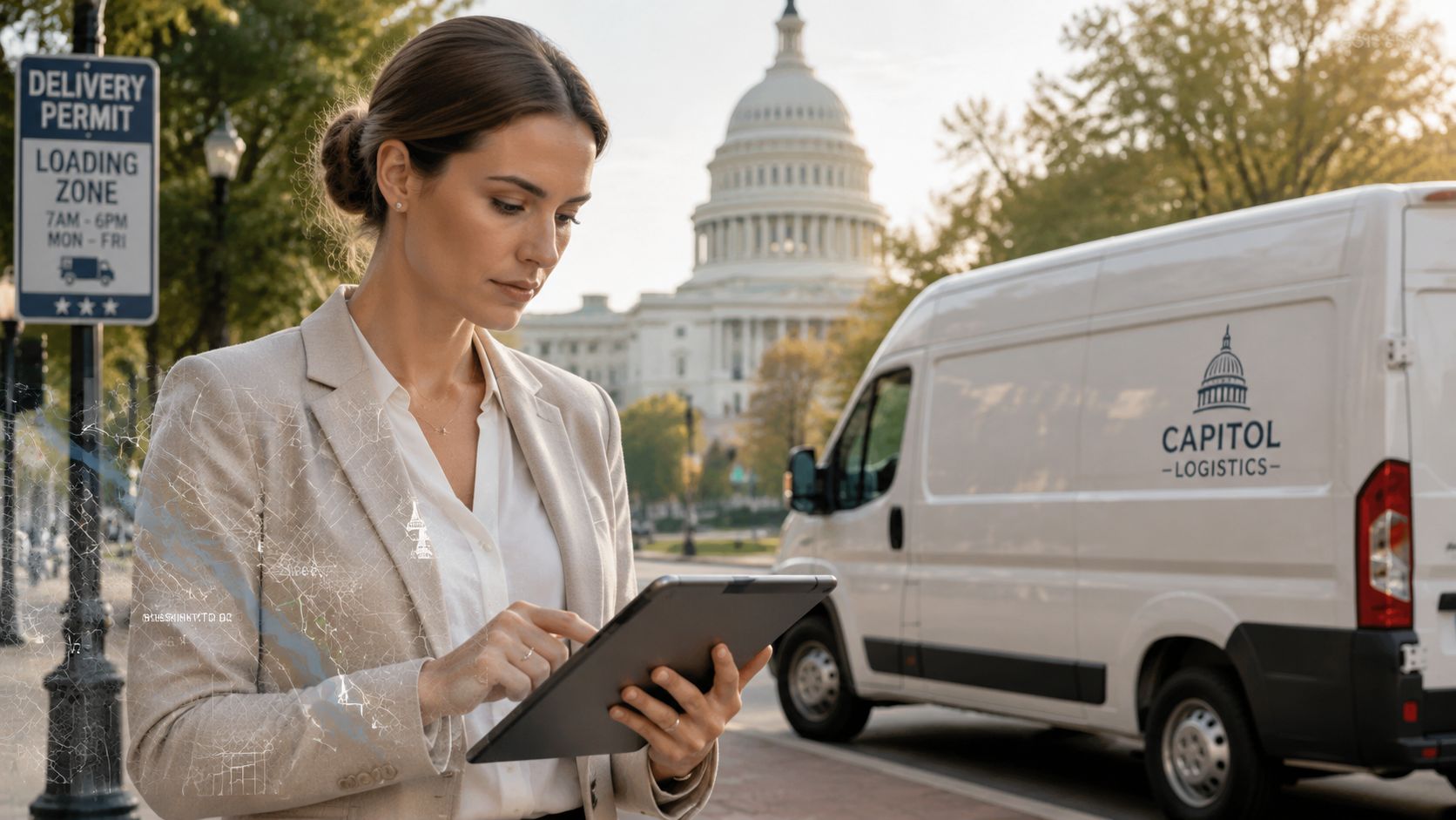 A professional woman uses a tablet in front of a Capitol Logistics van and the US Capitol building.