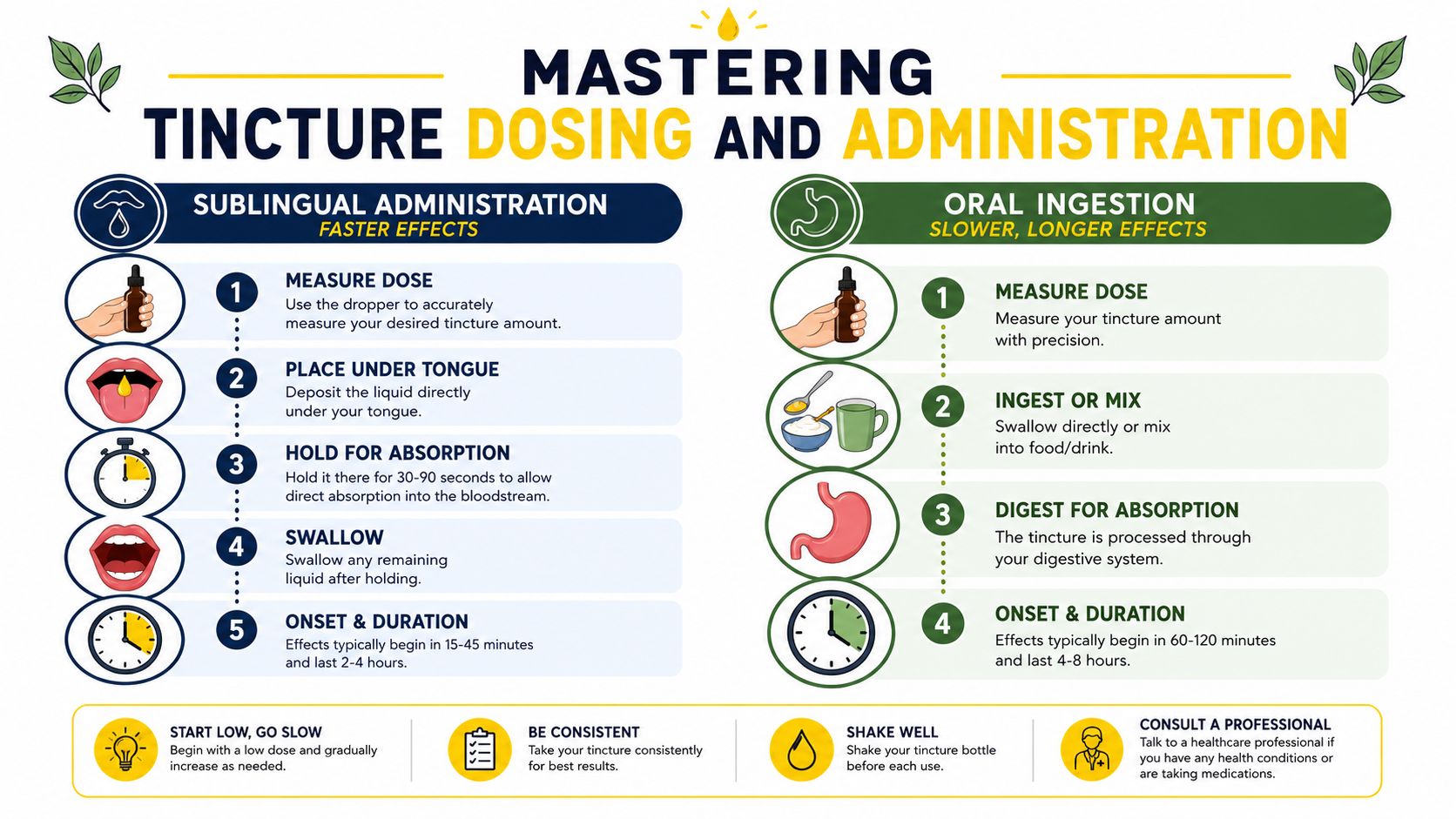 A helpful infographic comparing sublingual administration and oral ingestion methods for consuming liquid cannabis tinctures.