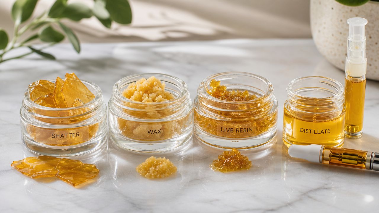 A collection of various cannabis THC concentrates including shatter, wax, live resin, and distillate in glass jars.