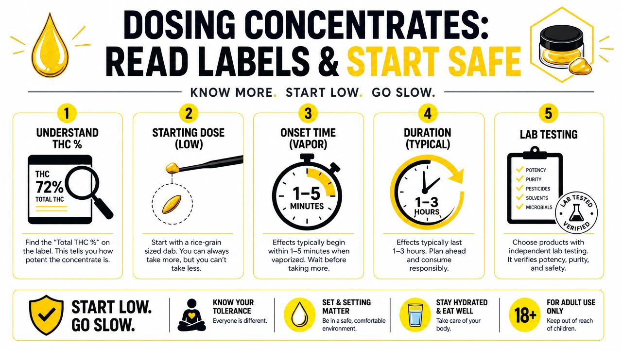 An educational infographic providing safety guidelines and dosing instructions for consuming cannabis concentrates safely and responsibly.