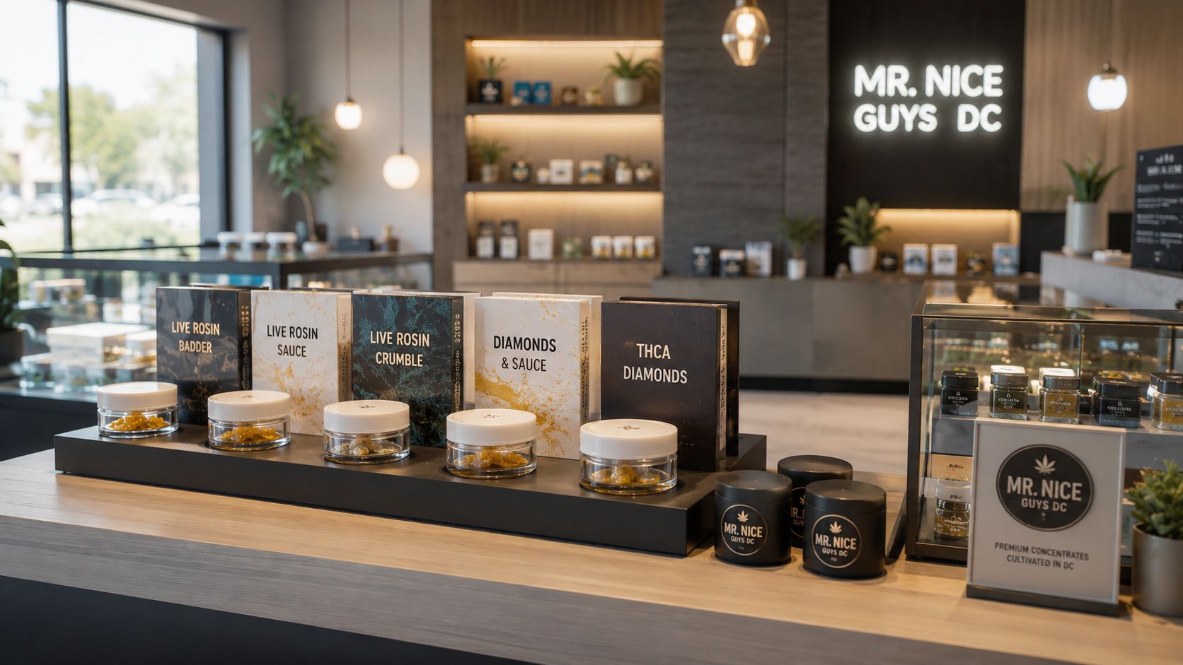 A display case at Mr. Nice Guys DC showcasing various premium THC concentrates like live rosin and diamonds.