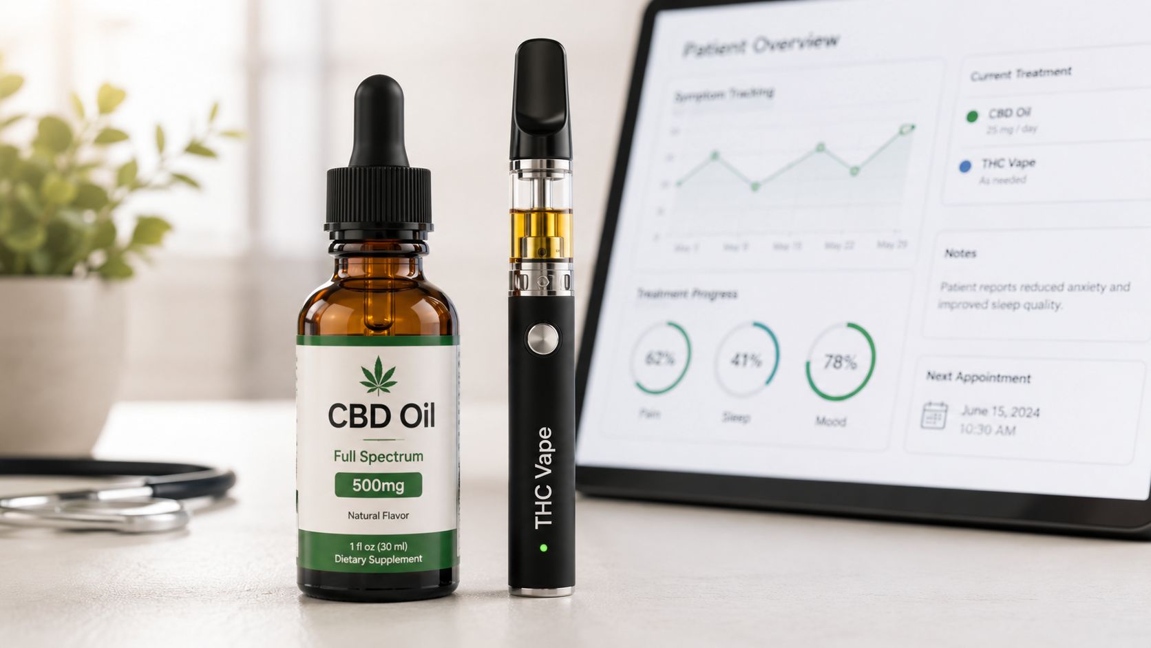 A CBD oil bottle and a THC vape pen sitting on a desk with a digital patient record.