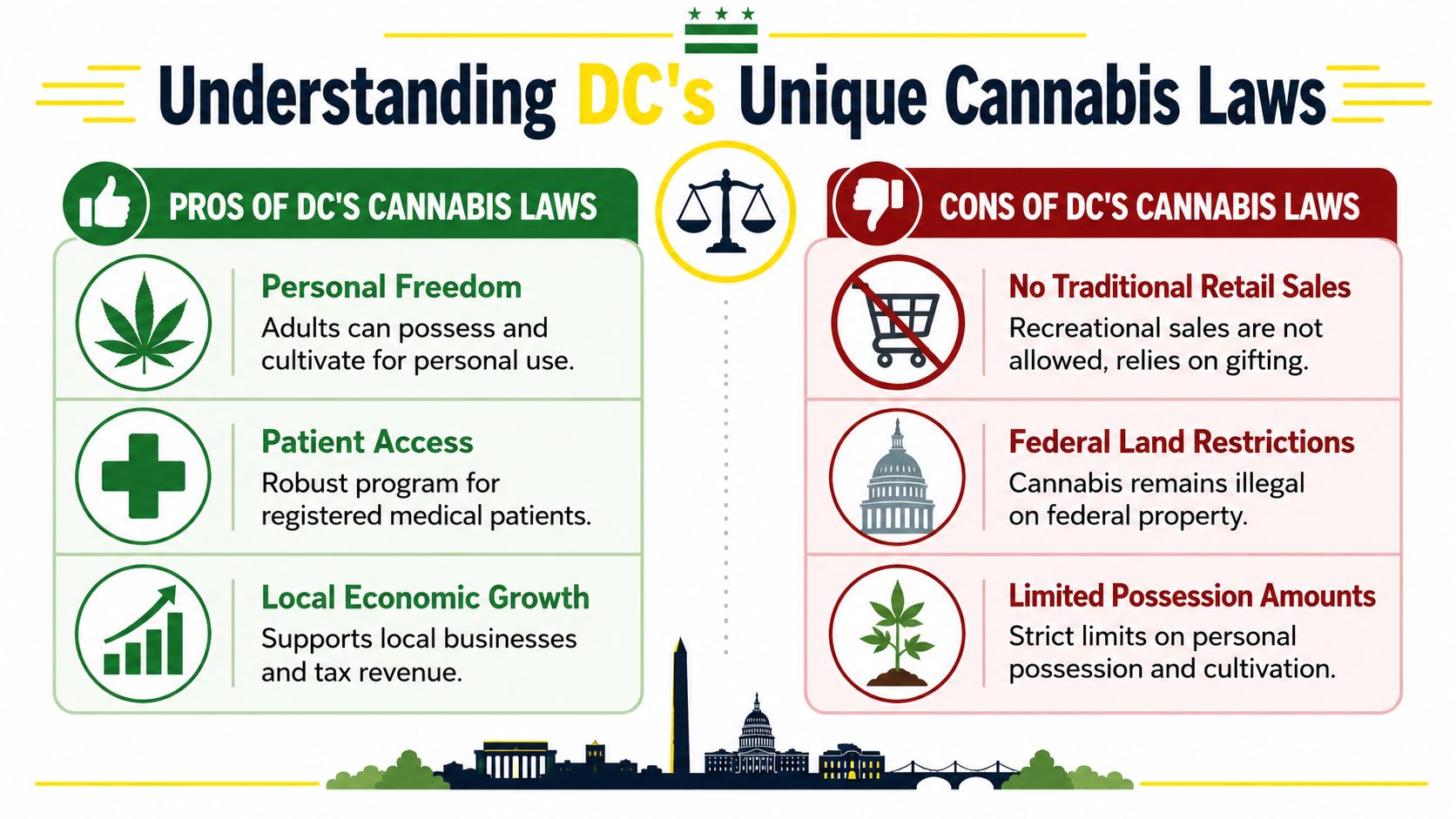 An infographic detailing the pros and cons of cannabis laws in Washington DC, highlighting personal use and restrictions.