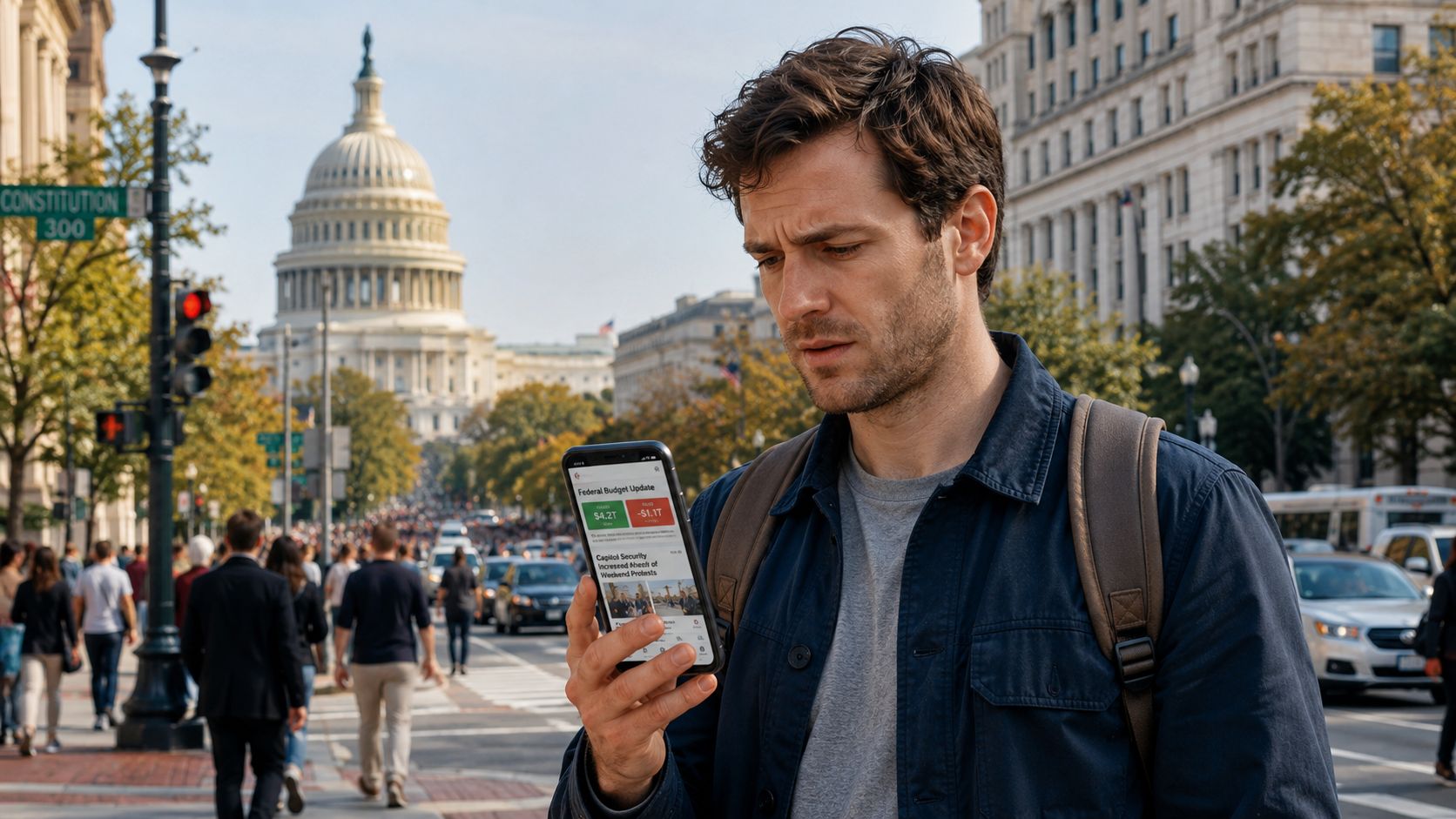 A concerned young man standing near the U.S. Capitol building reading news on his smartphone.