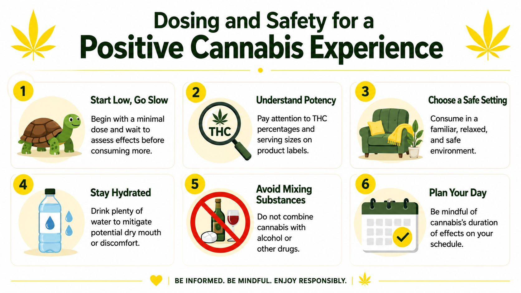 An infographic titled Dosing and Safety for a Positive Cannabis Experience, featuring six tips for responsible consumption.