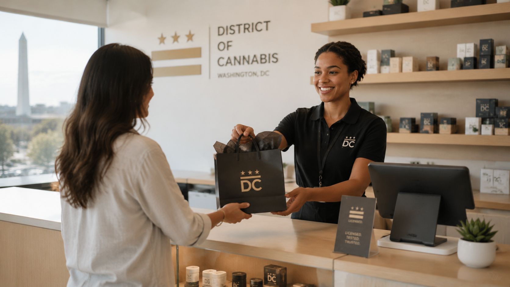 A friendly employee hands a branded bag to a customer inside a modern cannabis dispensary in Washington DC.