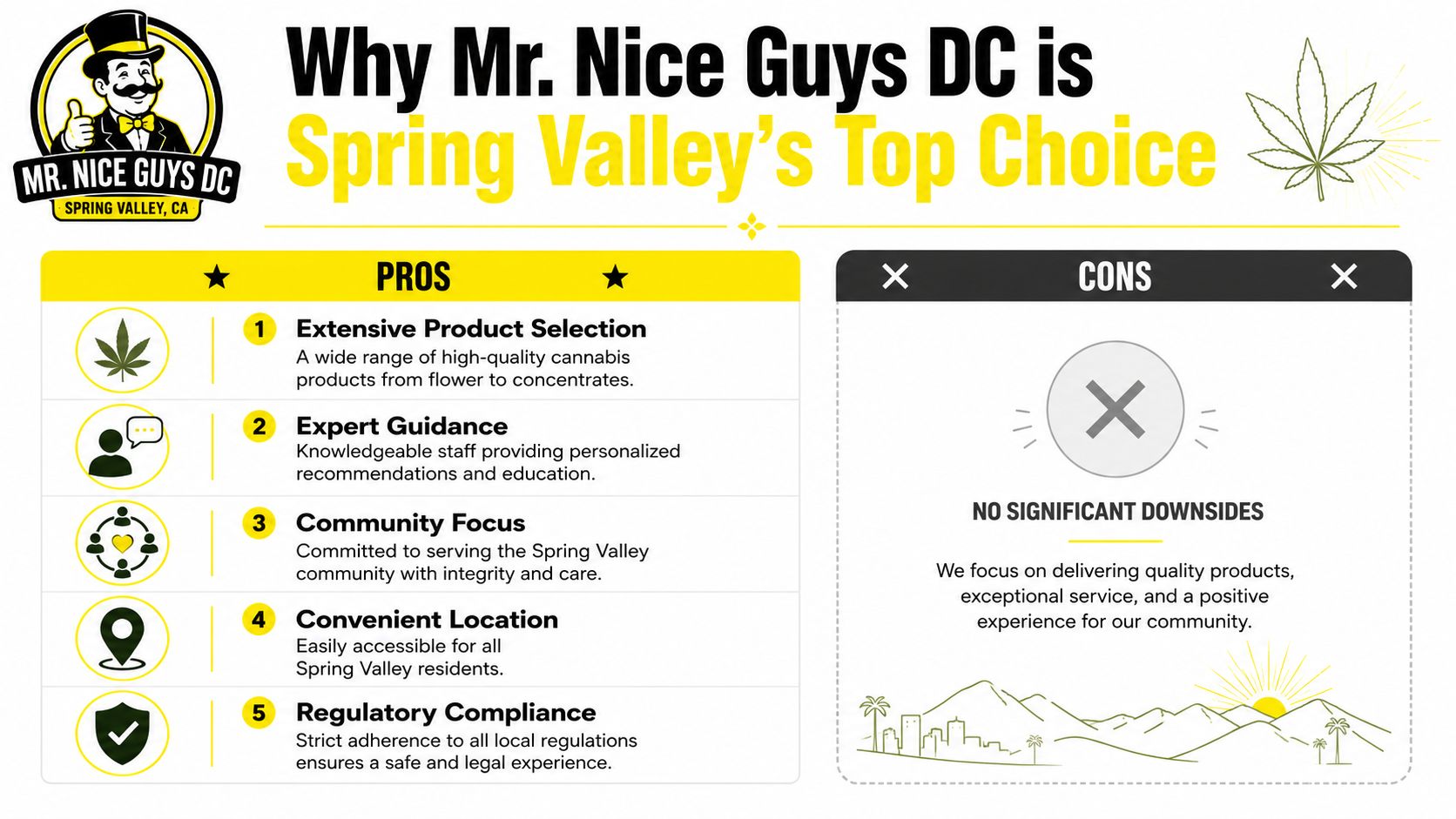 An infographic titled Why Mr. Nice Guys DC is Spring Valley's Top Choice highlighting benefits and pros.