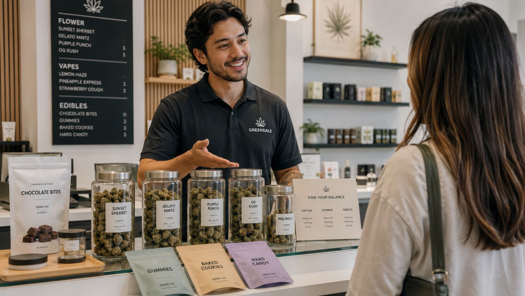 A friendly dispensary employee smiles while assisting a customer at a modern cannabis shop counter.