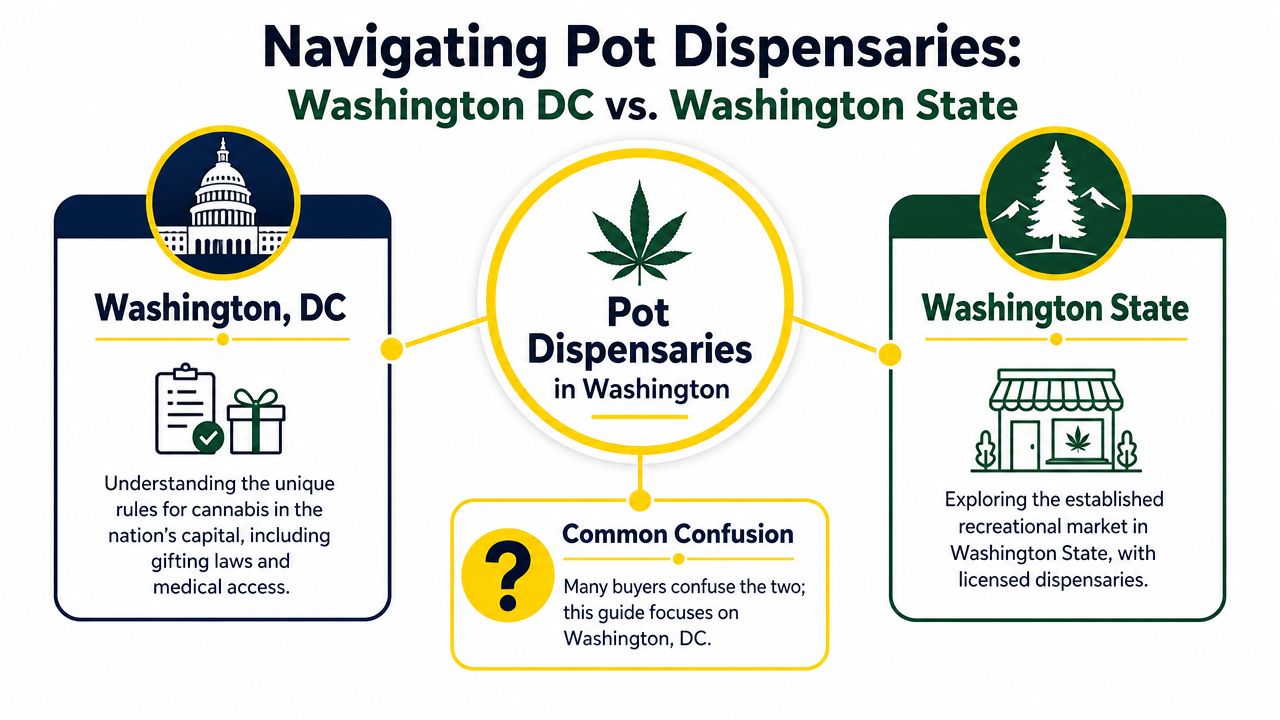 An infographic comparing cannabis regulations in Washington DC and Washington State, highlighting common consumer confusion.