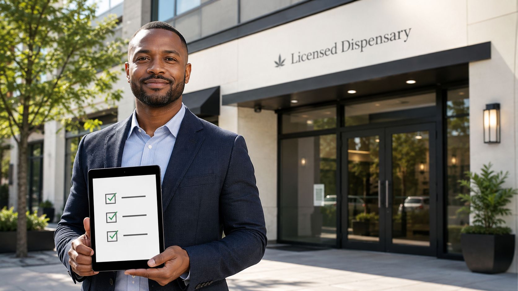 A professional man holding a tablet with a checklist standing outside a licensed cannabis dispensary storefront.