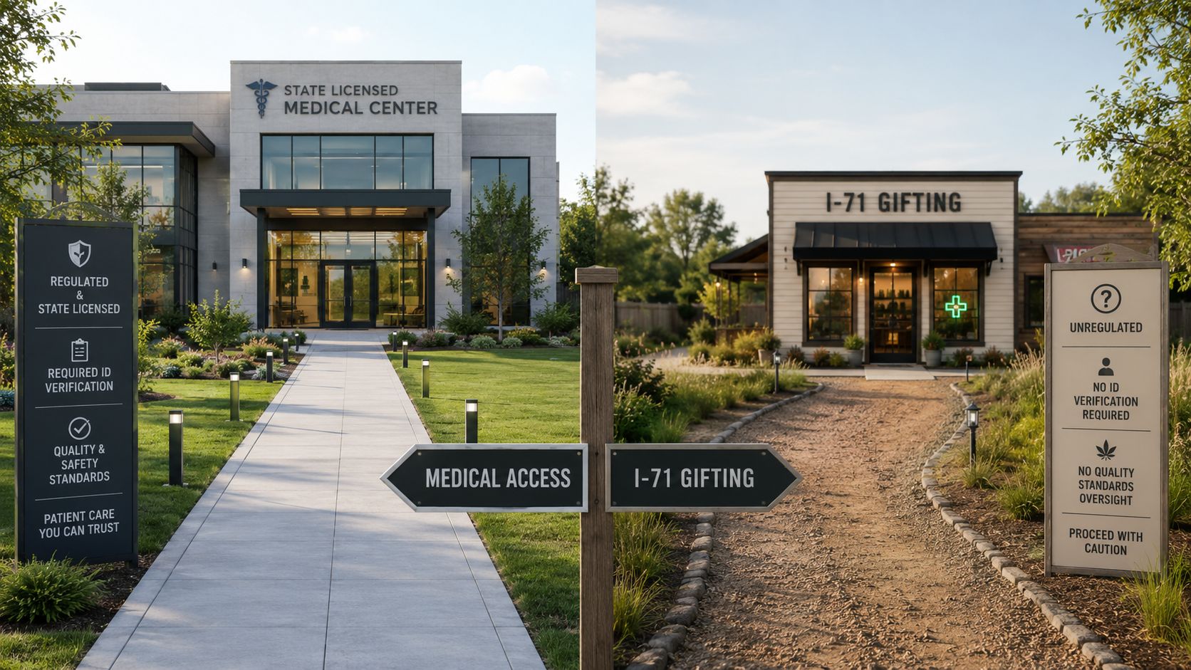 A split view comparing a regulated medical cannabis center with an unregulated gifting storefront.