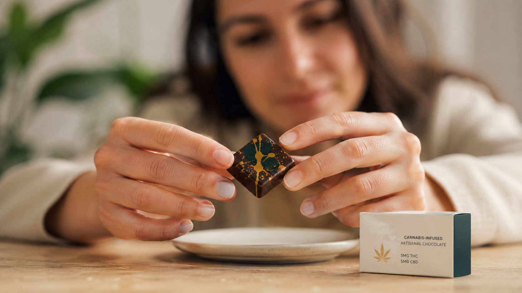 A woman holding a cannabis-infused artisanal chocolate square over a small plate on a wooden table.