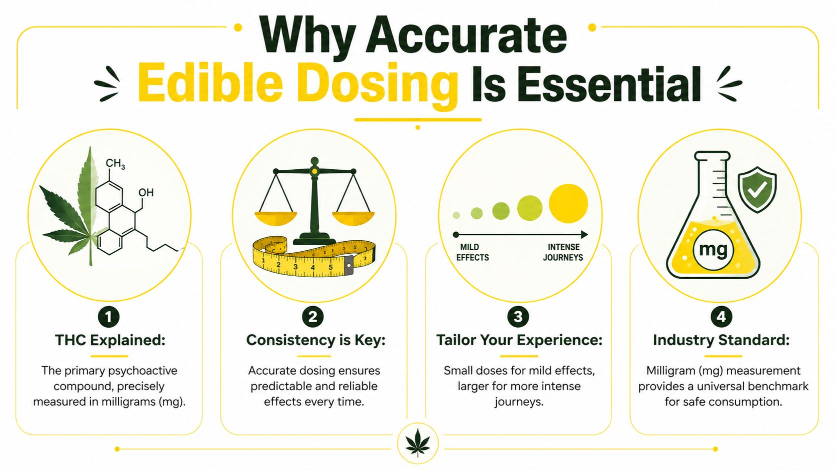 An infographic titled Why Accurate Edible Dosing Is Essential, explaining THC measurement and consistent edible dosage standards.