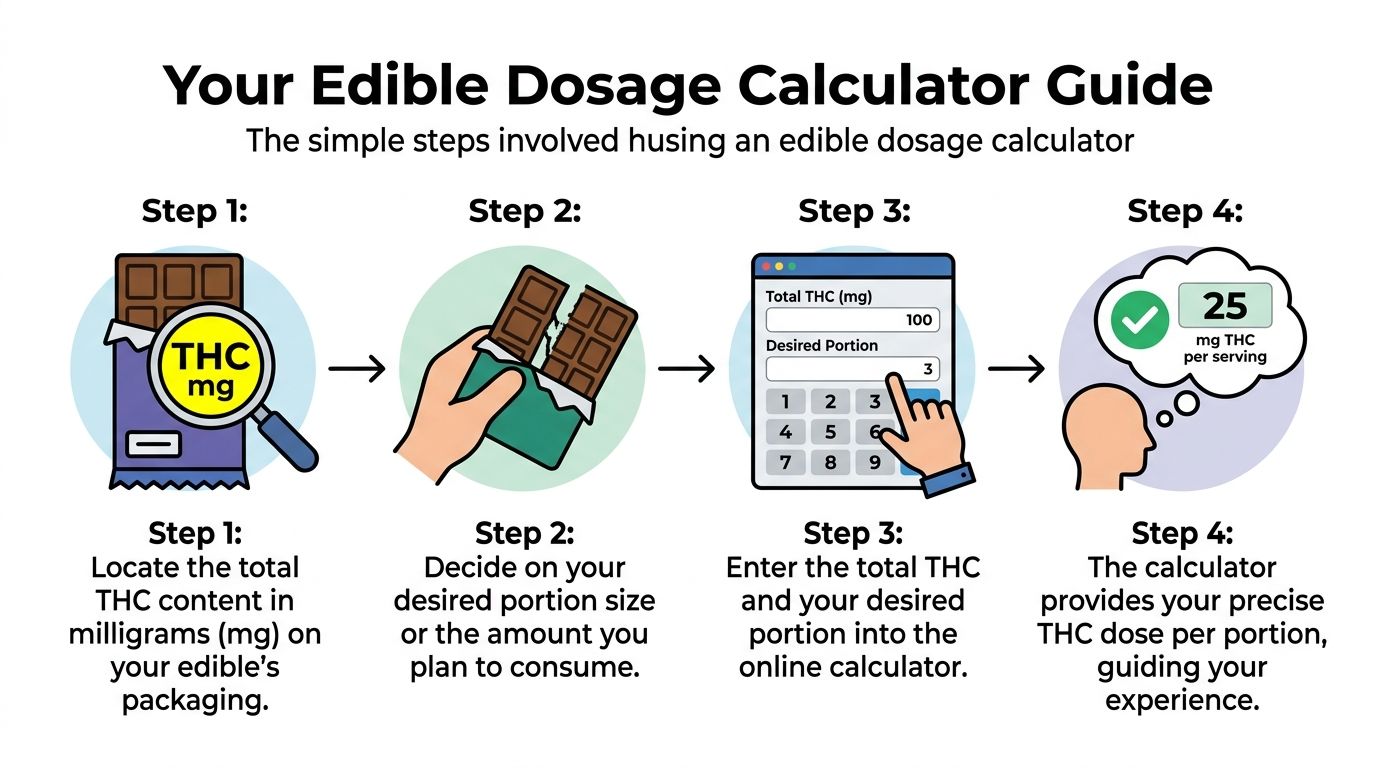 An infographic showing four simple steps to calculate THC dosage for edible cannabis products correctly.