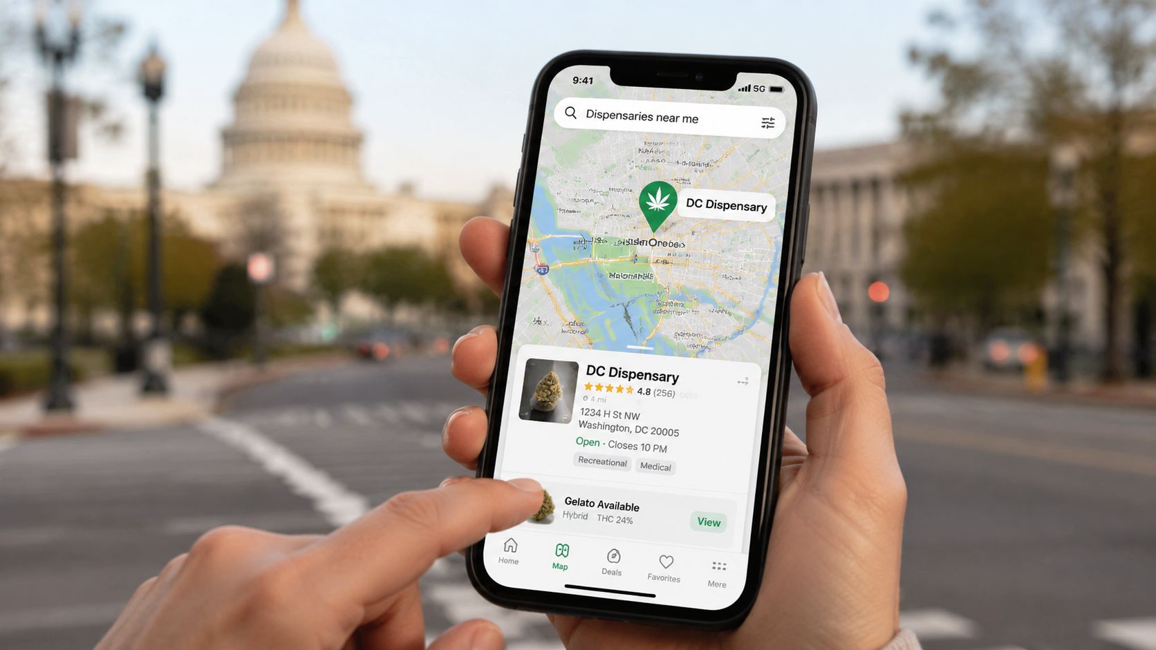 A person using a smartphone app to find a local dispensary while walking near the US Capitol.