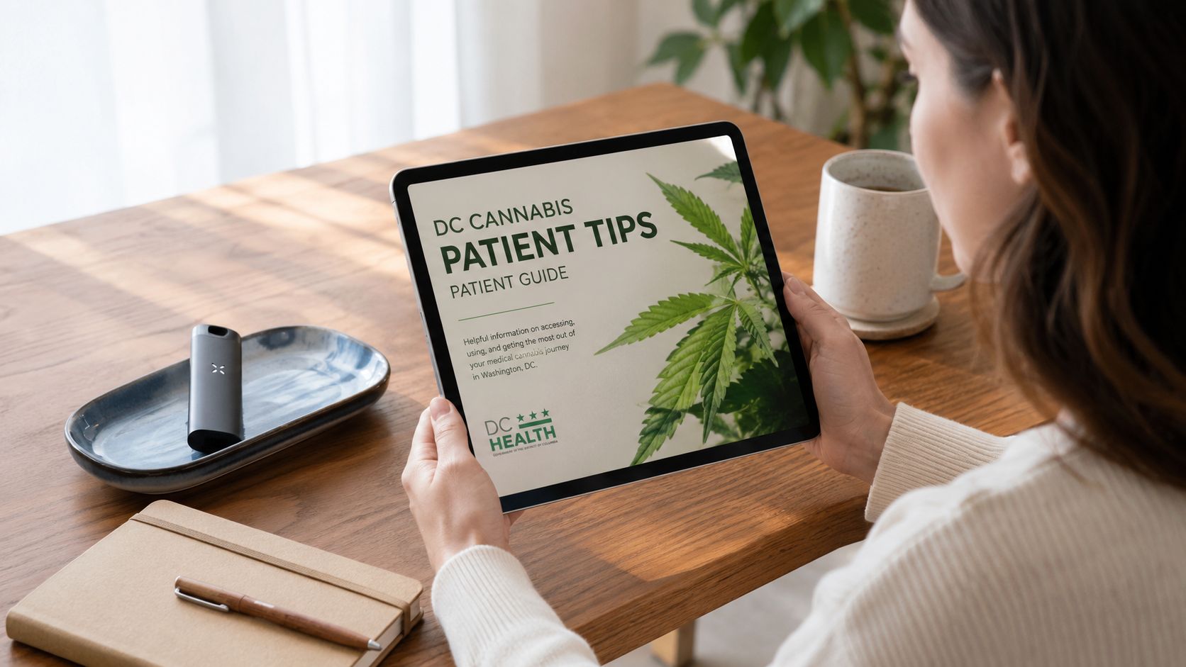 A woman holding a tablet showing a DC Health patient guide about medical cannabis usage and access.