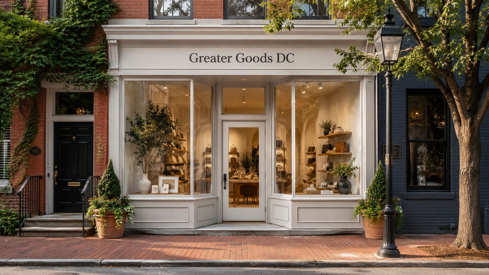 A charming storefront for Greater Goods DC featuring a white facade, glass display windows, and potted evergreen plants.