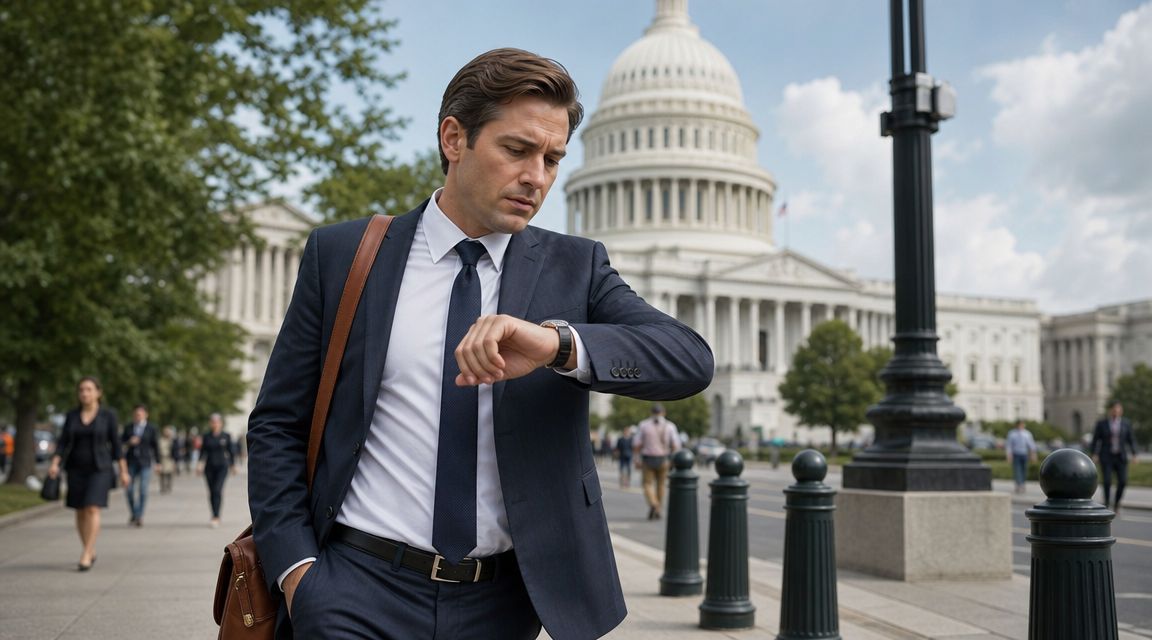 A professional man in a suit checks his watch while walking in front of the US Capitol.