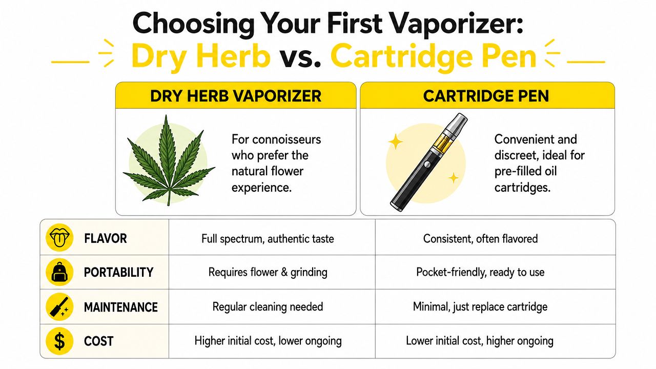 A comparison chart showing the differences between dry herb vaporizers and cartridge pens for cannabis users.