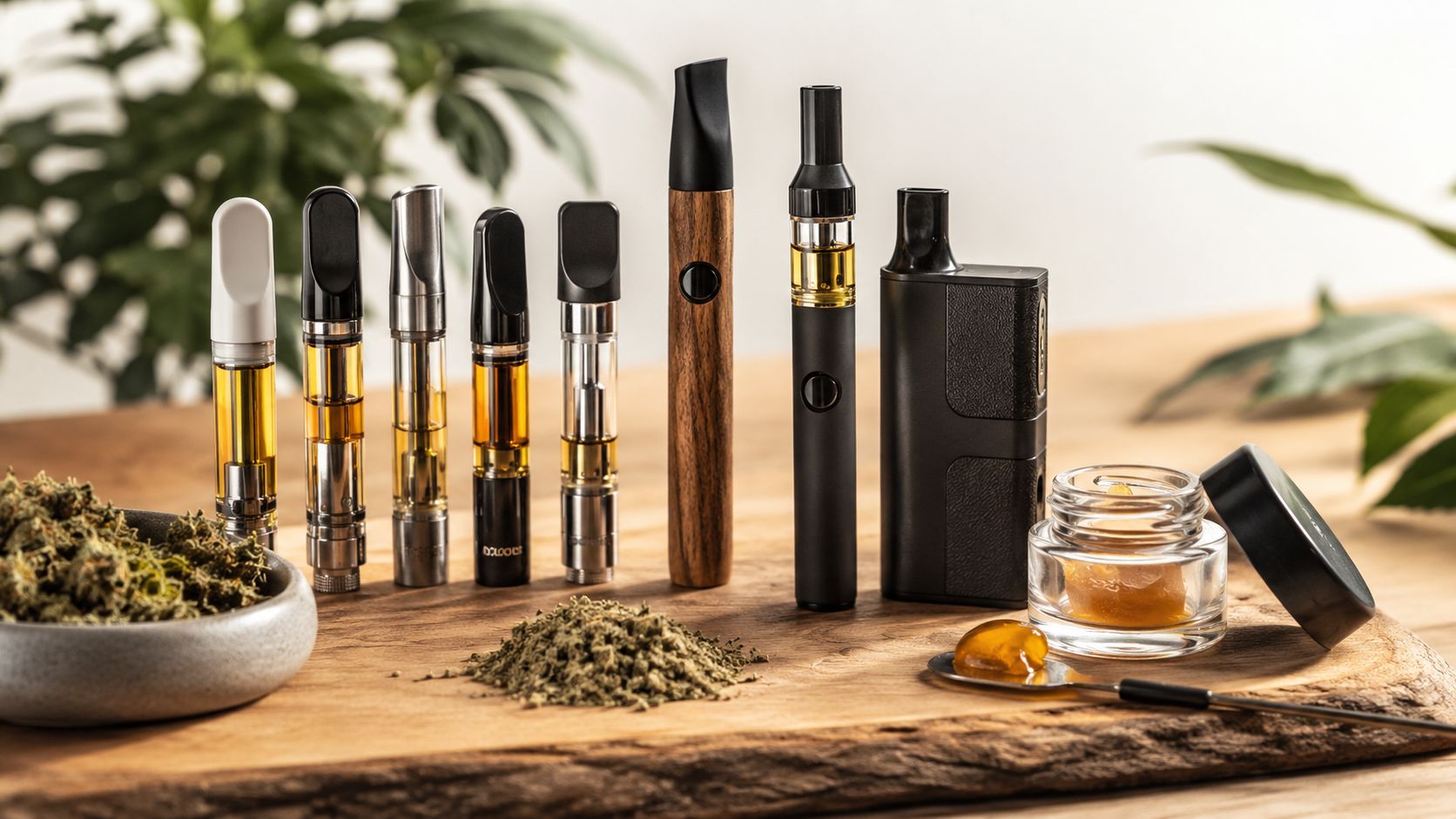 An assortment of vape cartridges, a wooden vaporizer, and cannabis products on a rustic wooden table.