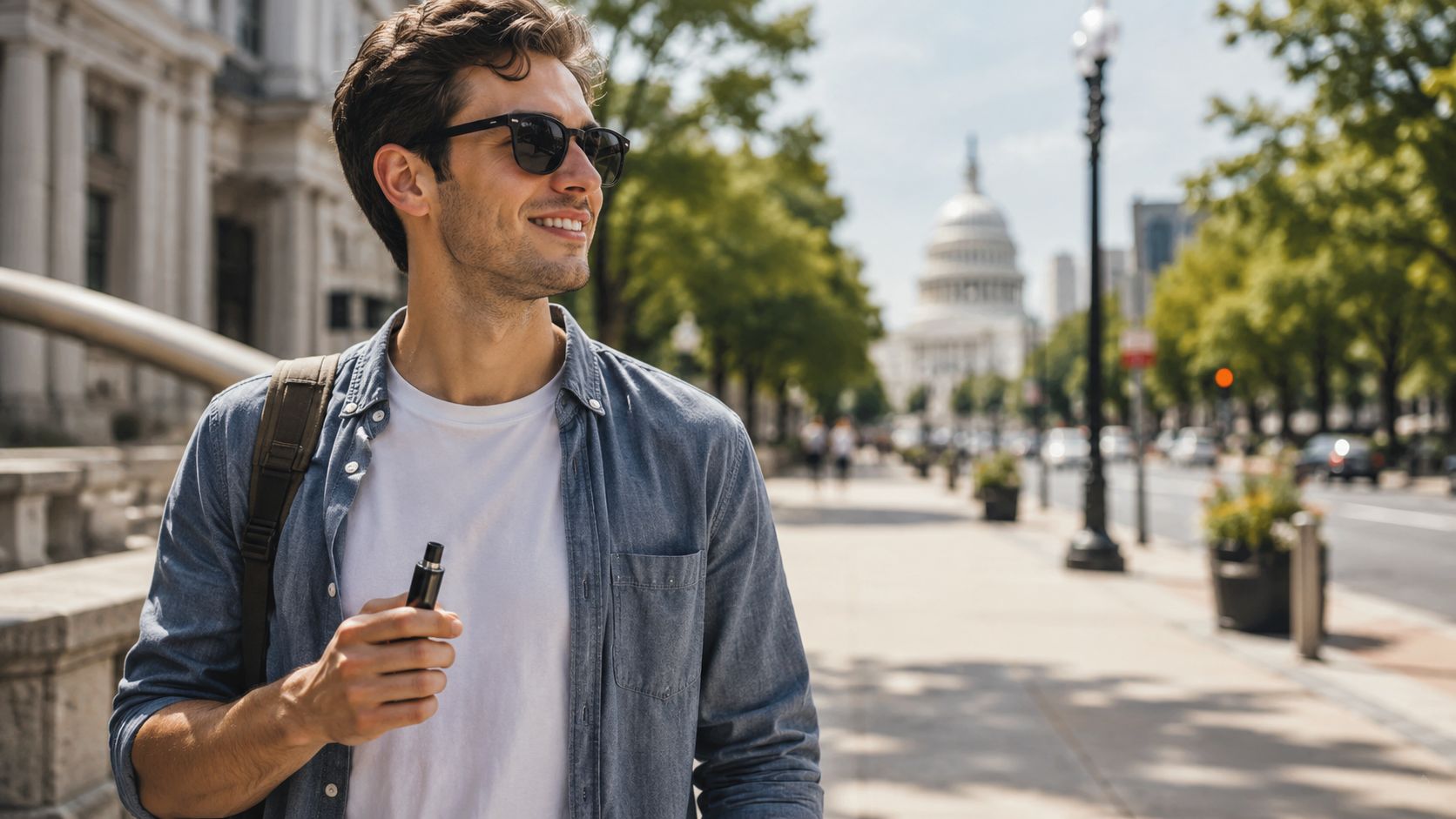 A young man holding a vape pen while walking along a sunny city sidewalk near the Capitol.