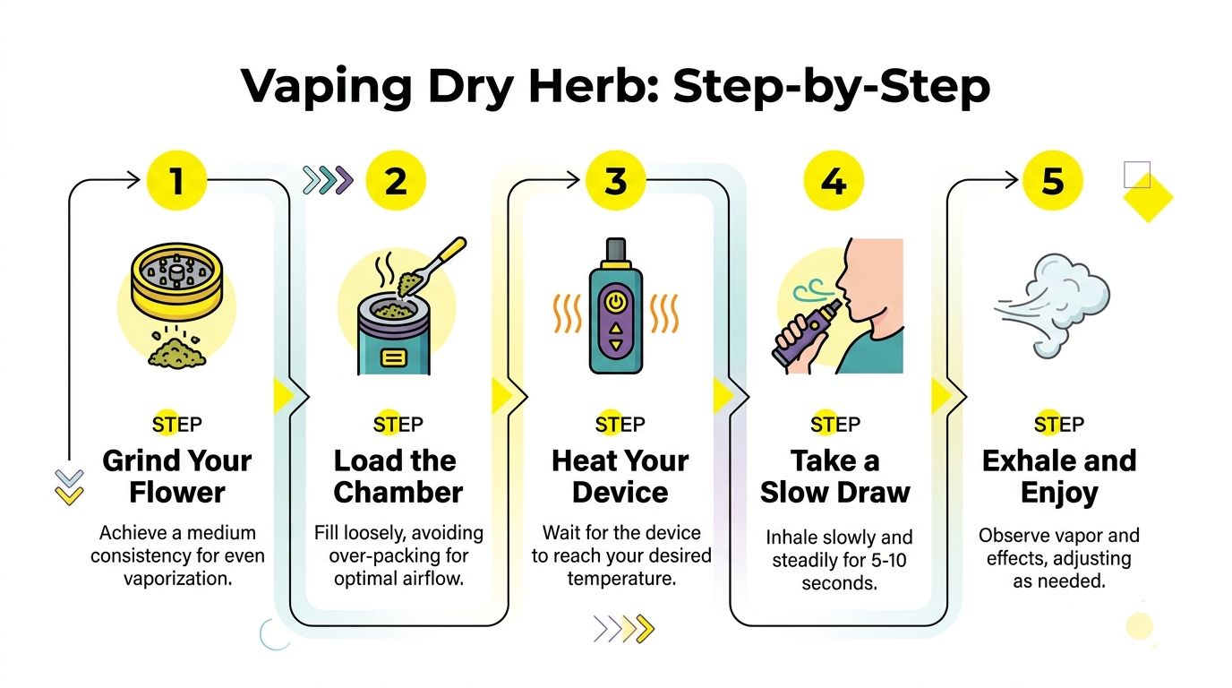 A five-step infographic showing how to properly vape dry herb using a portable vaporizing device.