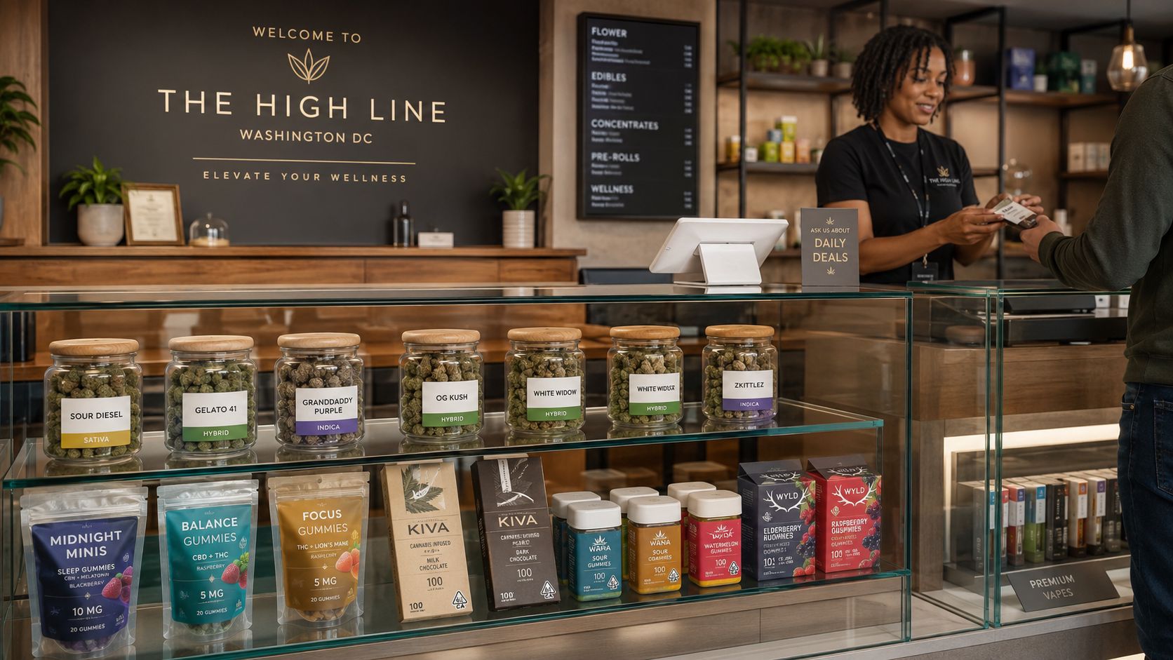 A friendly budtender assists a customer at the counter of The High Line cannabis dispensary in Washington DC.
