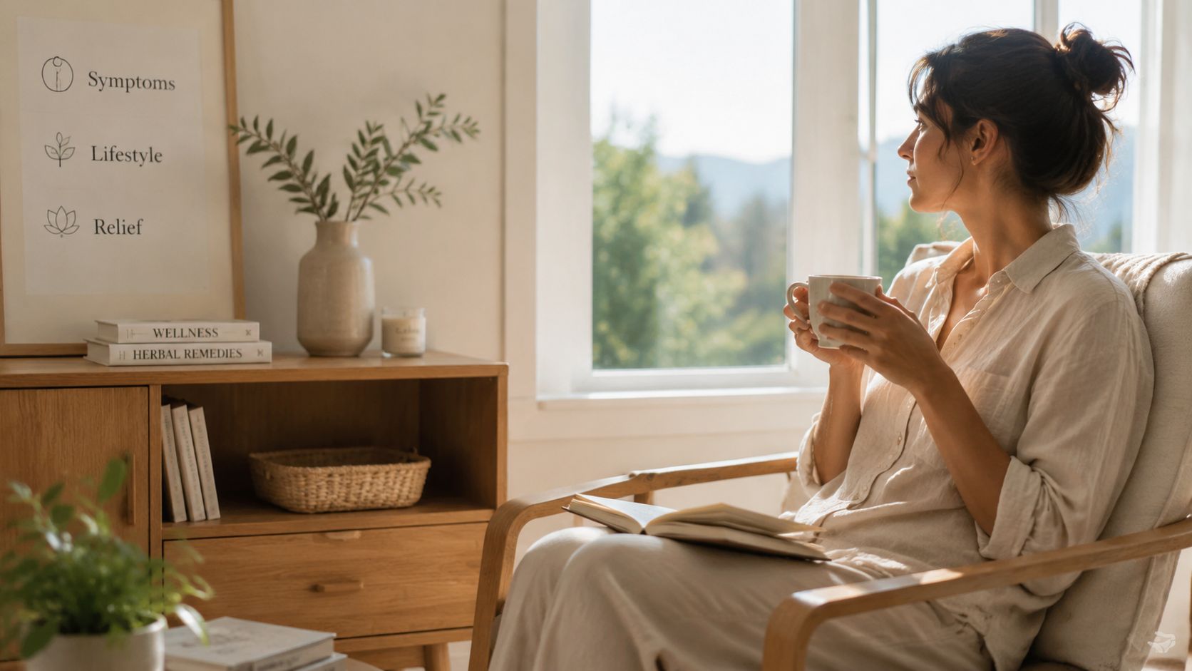 A peaceful woman with a cup of tea sitting by a window reading a book at home.