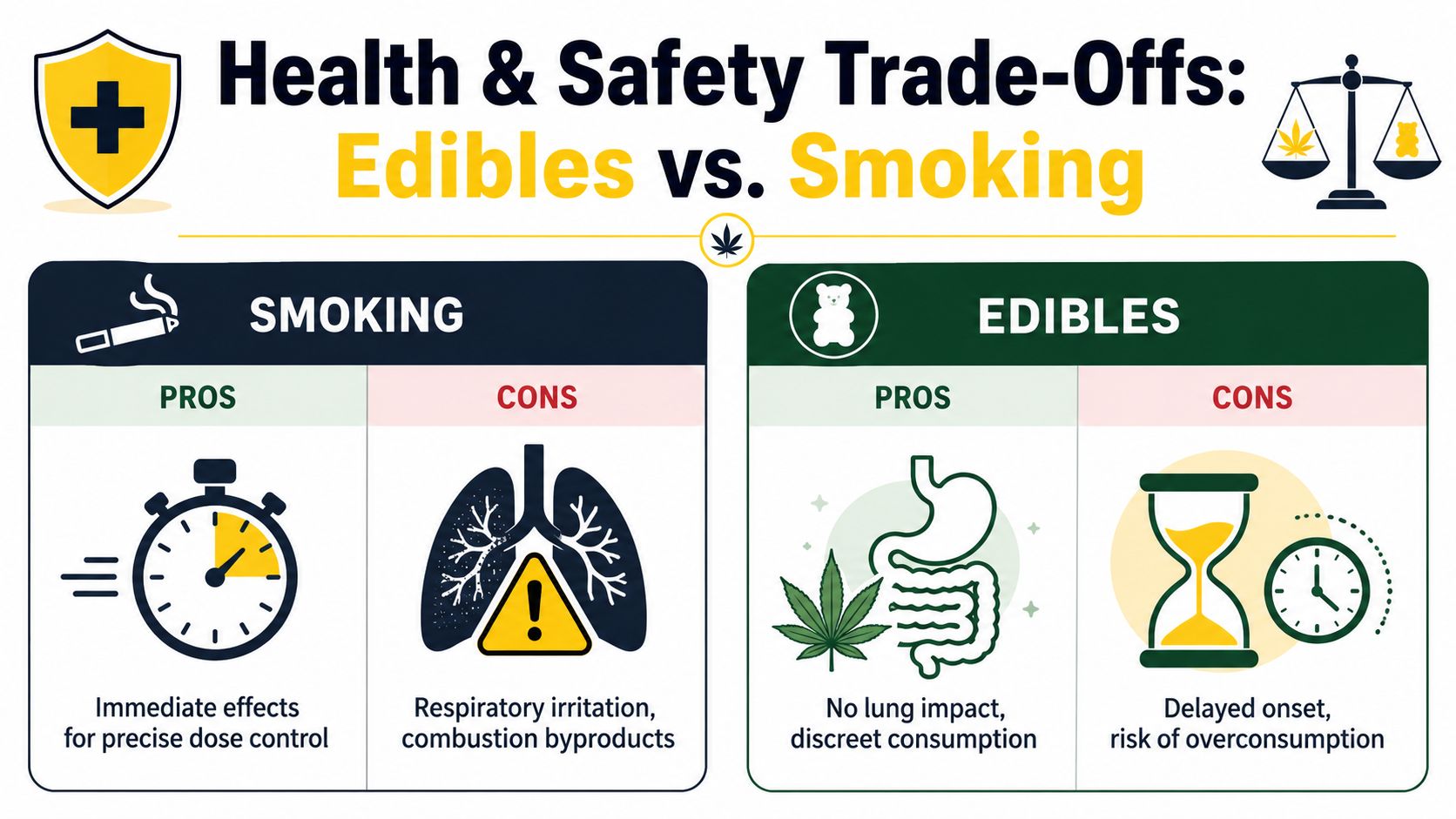 An infographic comparing health and safety trade-offs between consuming cannabis through smoking or eating edibles.