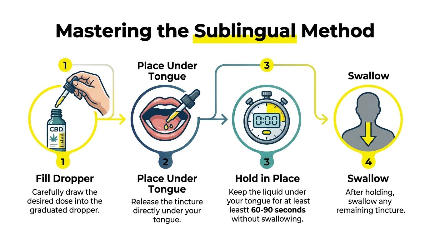 An infographic showing four steps to use CBD tincture sublingually by placing it under the tongue.