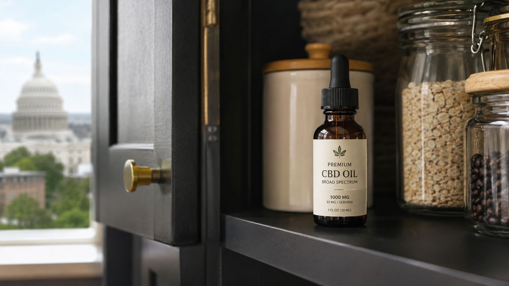 A glass bottle of premium CBD oil with a dropper sitting on a dark shelf near a window.
