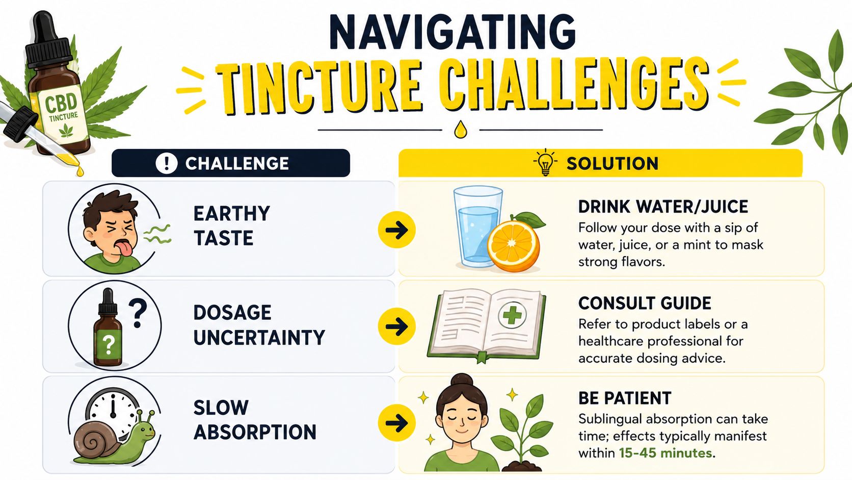 An infographic showing common CBD tincture challenges like earthy taste, dosage uncertainty, and slow absorption with solutions.